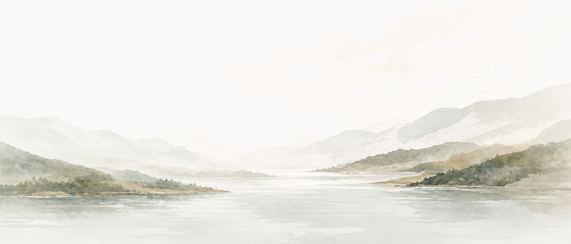 Watercolor lake and mountain landscape in soft sage, sand, and charcoal tones